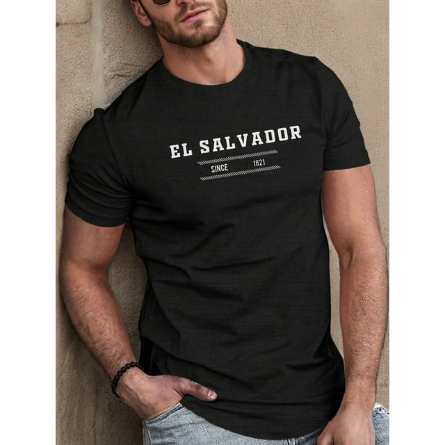 Camiseta informal de manga corta de verano con estampado de El Salvador para hombre. Tejido de punto de poliéster de manga corta, estampado geométrico, cuello redondo, corte regular, colección de vera