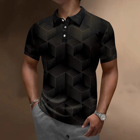 Men Polo Shirts Short Sleeve Striped Digital 3D Printing Lapel T Shirt Button Summer Stylish Casual Polos for Men Black L