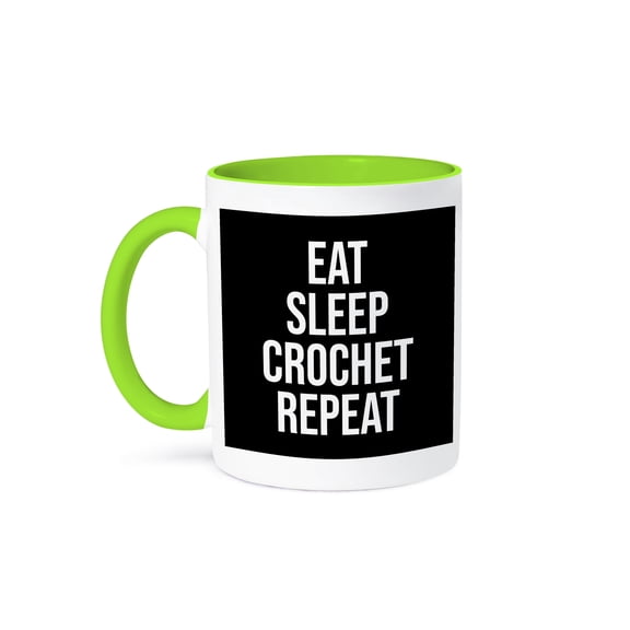 3drose, Eat Sleep Crochet Repeat. White Lettering on Black Background., 15oz Two-tone Green Mug