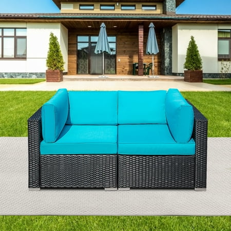 Superjoe Patio Loveseats 2 Piece Outdoor Rattan Sectional Corner Sofa Set, Black Wicker Blue Cushions