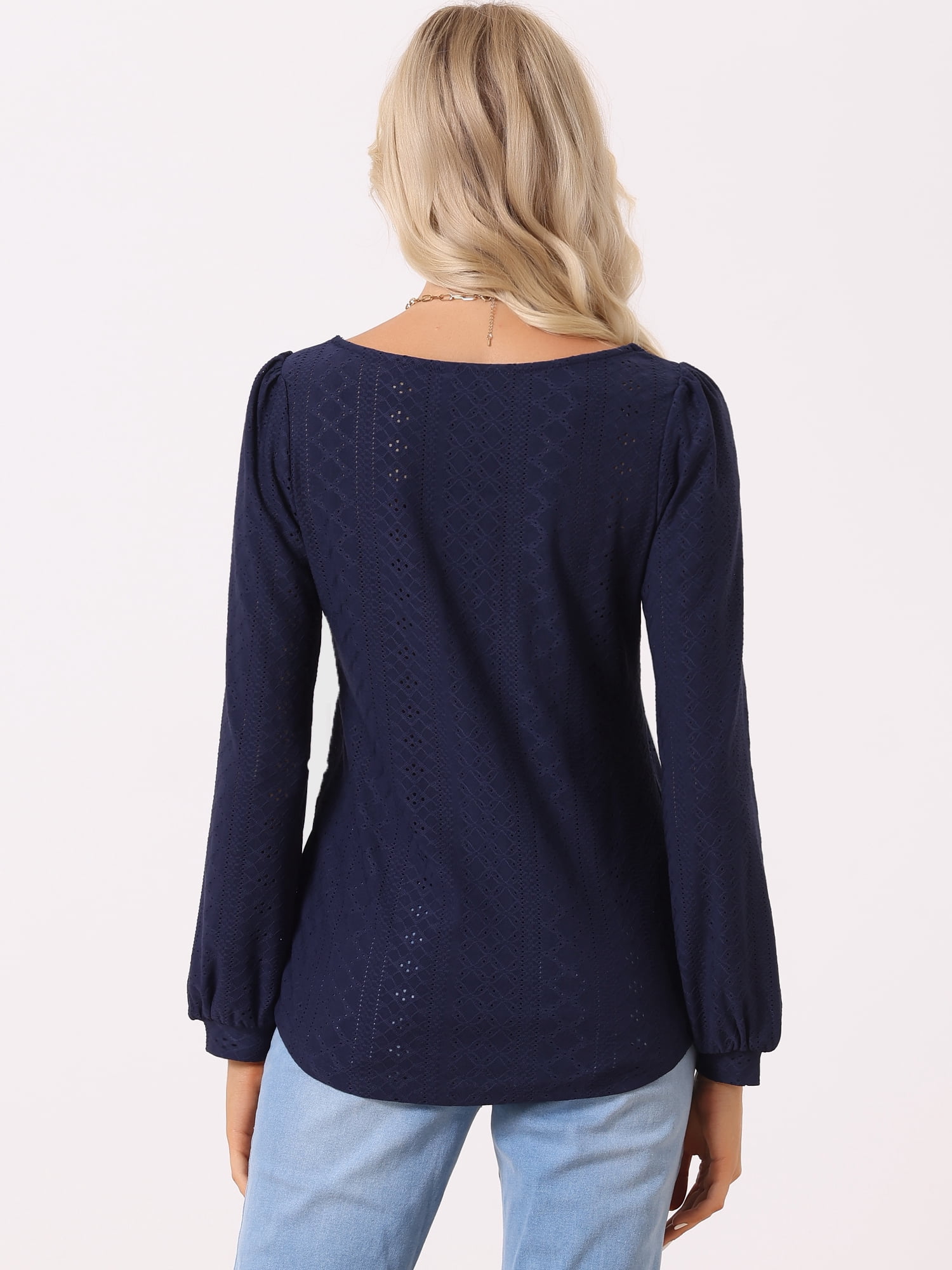 DARING DIVA Women's Square Collar Puff Long Sleeve Eyelet Business Shirts XS Navy Blue