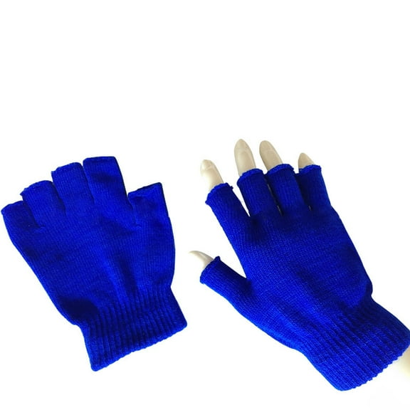 Winter Blue Men'S And Women'S Warm Solid Color Knitted Half-Finger Gloves Cotton