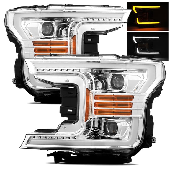 AlphaRex Base Model Chrome 18-20 Ford F150 Halogen Type Chrome Switchback DRL/Signal LED Tube Dual Projector Headlights