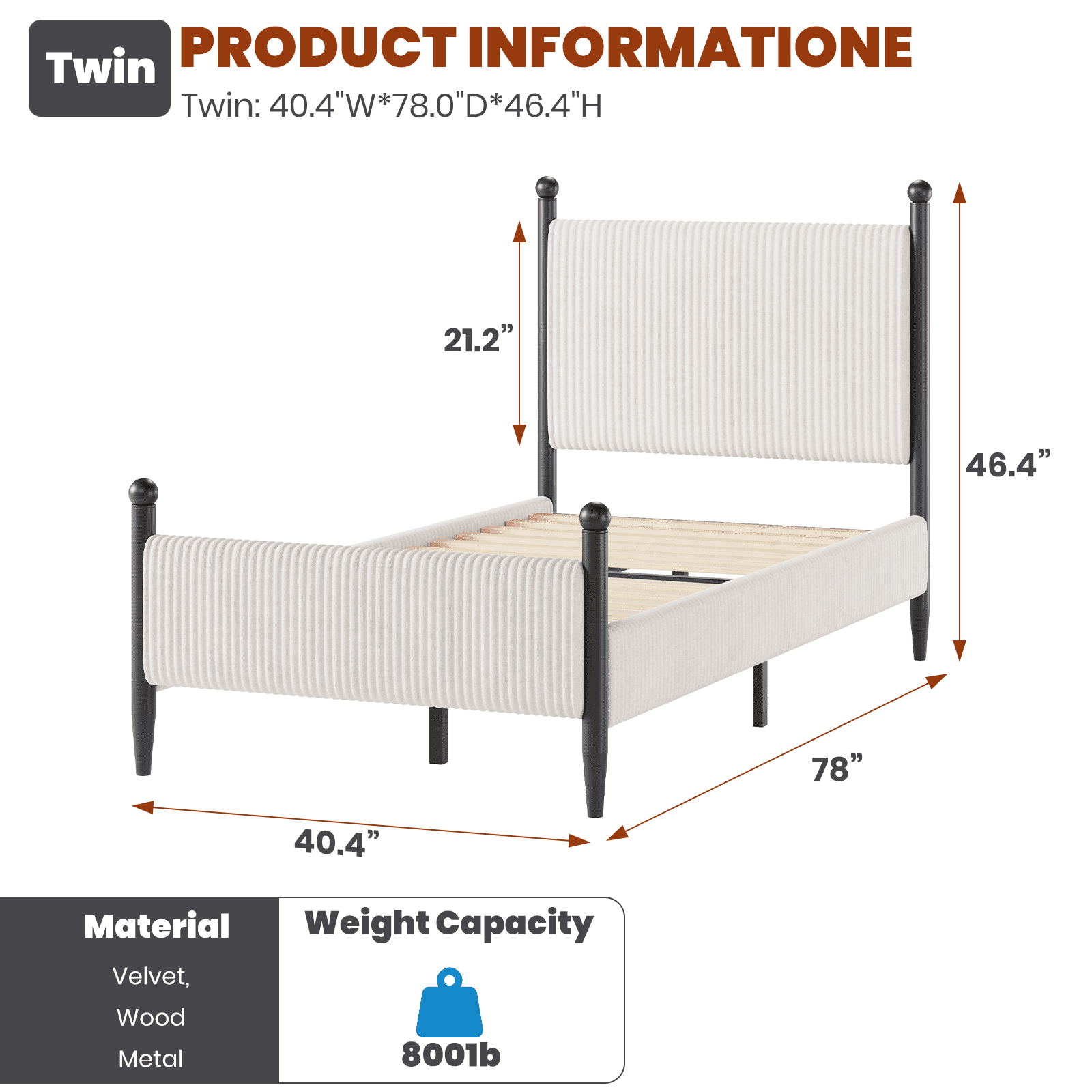 Twin Size Upholstered Bed Frame with Velvet Headboard, Soft Corduroy Fabric Platform Bed with Wooden Slats Support, No Box Spring Needed, White