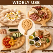24 Egg Capacity Bamboo Deviled Egg Platter, Round Wooden Serving Tray With Handle, Double-Sided Egg Holder & Charcuterie Board, Appetizer Snack Dessert Fruit Cheese Tray For Kitchen Countertop