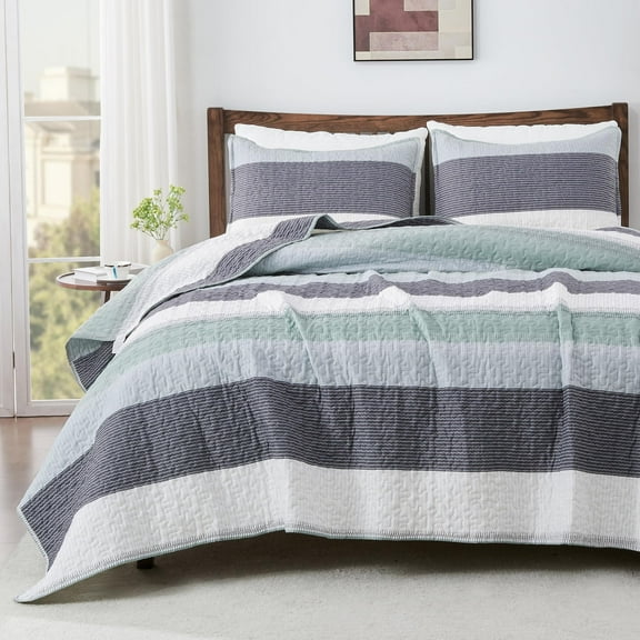 King Size Bedspread Set Mint Green, 3 Piece Ultra Soft Striped Quilt Coverlet with Pillow Shams, Patchwork Bedding for All Seasons, Multicolor