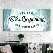 Sense Of Art | New Home New Beginning Quote |Wood Framed Canvas | House Warming Presents| Home Decor for Living Room |Rustic Home Decoration (Teal White, 60x27)