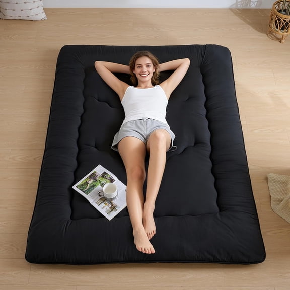 Japanese Floor Mattress, 3.5" Thicken Futon Mattress Tatami Mat, High Density Foam Support for Adult Kids Sleep, Portable Futon Sofa Bed for Camping, Pet Mat, Full 80"x 54"（Black）