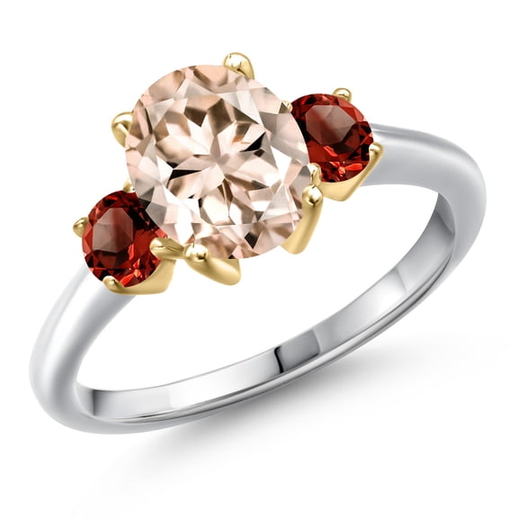 Gem Stone King 925 Silver and 10K Yellow Gold Peach Morganite and Red Garnet Engagement Ring for Women | 2.34 Cttw | Oval 9X7MM | Gemstone October Birthstone | Size 8