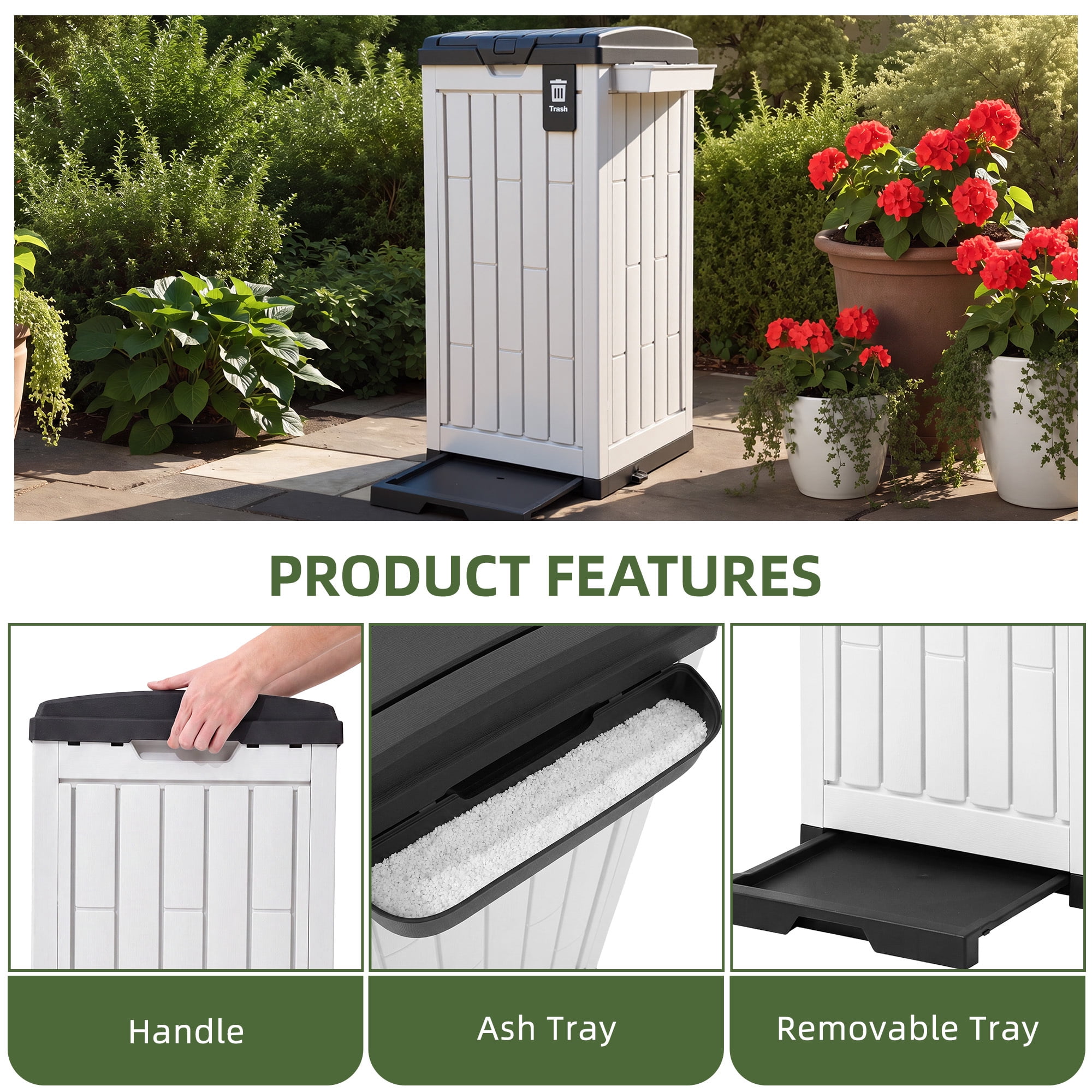 Uforic 38 Gallon Outdoor Trash Can, Resin Garbage Bin with Sorting Labels, Ash Holder, Lid, Stakes & Suction Cups for Patio Backyard Garden, White