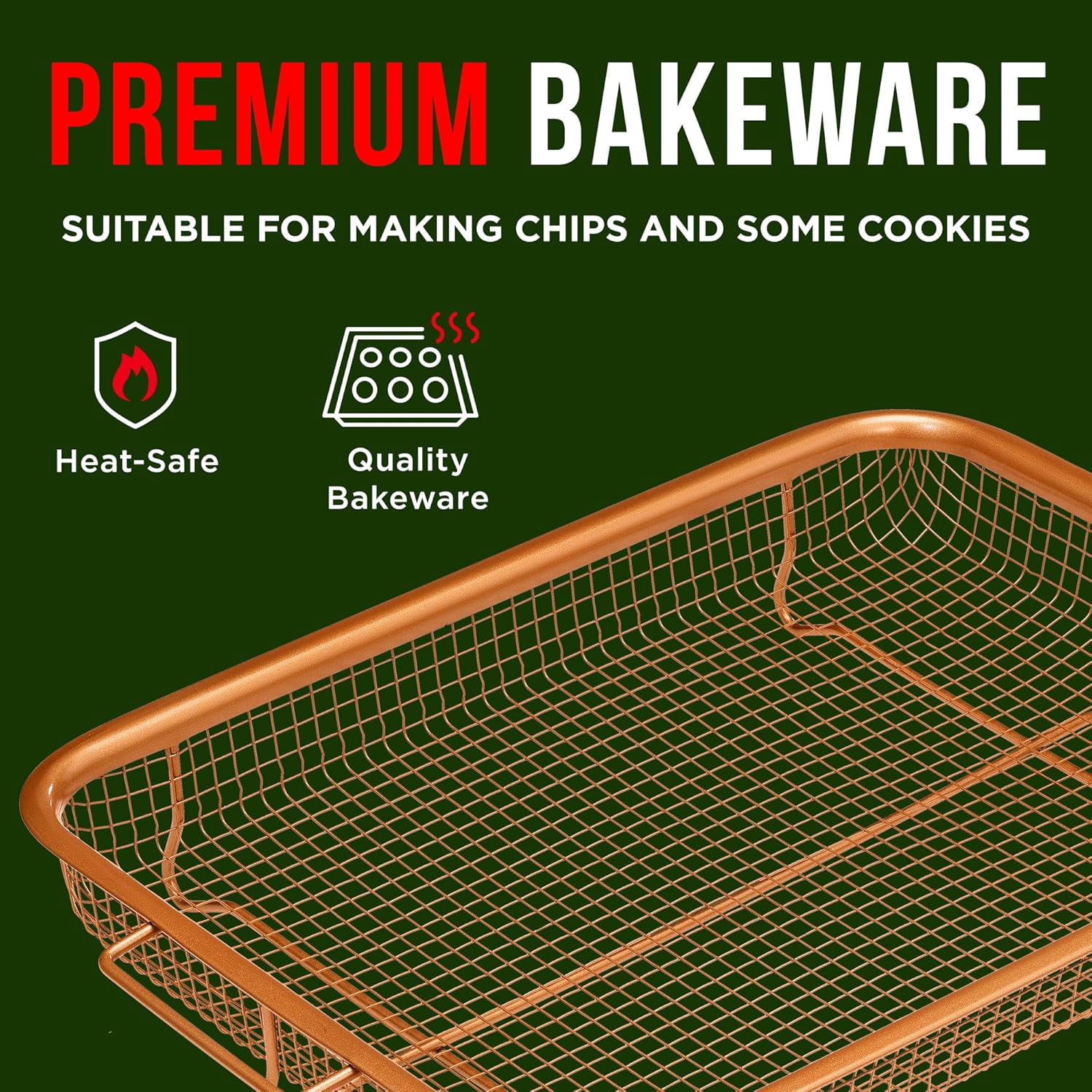 BAKKEN Air Fryer Tray – 2-in-1 Nonstick Crisper Basket with Elevated Mesh for Oven Use, Ceramic Coating, Extra-Large 9.5" x 13", Copper