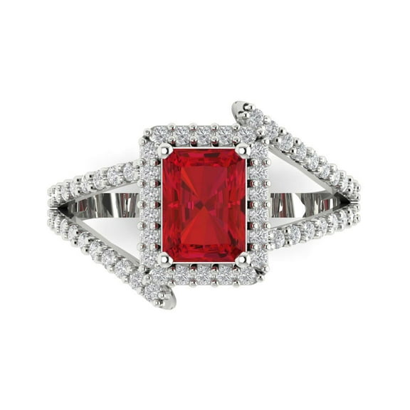1.935 ct Emerald Cut Simulated Pink Tourmaline with Simulated Diamond Halo Accents 14K White Gold Womens Engagement Ring