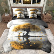 Manfei Romantic Yellow Tree Boy Girl Bedding Comforter Set 7-Piece,Happy Valentine's Day King Bedding Sets,Sweet Lover Couple Ultra Soft Bed Sheets,Super Cozy Room Decor,Reversible