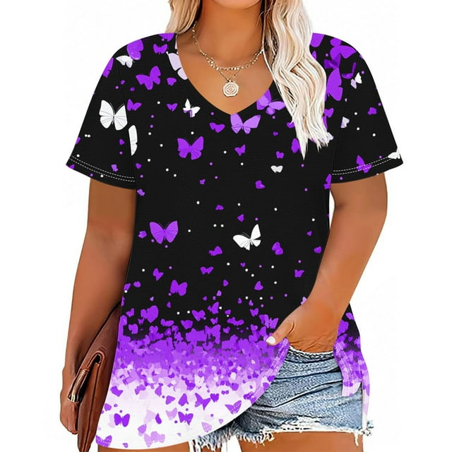 Puntoco Liquidación de blusas cortas para mujer, camiseta básica de verano de color sólido con cuello en V y manga corta con estampado de talla grande para mujer
