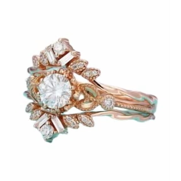 HeartsAndYou 3ct Round Moissanite Engagement Ring for Women Twisted Milgrain Trio Set 18k Rose Gold Over Silver