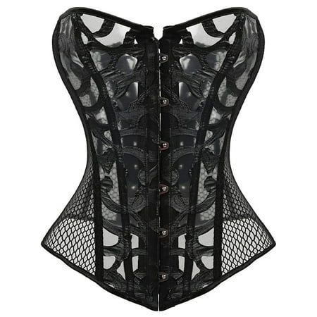 

VASLANDA Black Mesh Corset Tops for Women Lace up Busiter lingerie Satin Overbust Shapewear Outfit for Christmas Costume Halloween Party