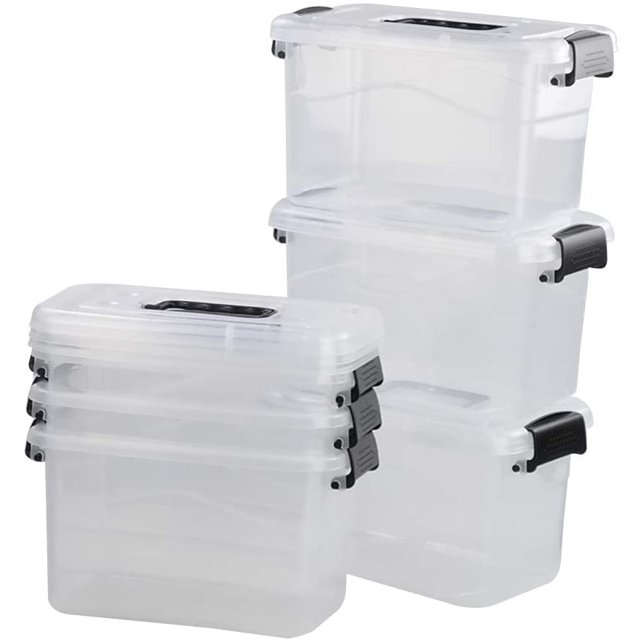 5 L Plastic Storage Bin with Lid, Clear Transparent Box With Black Handles Set of 6