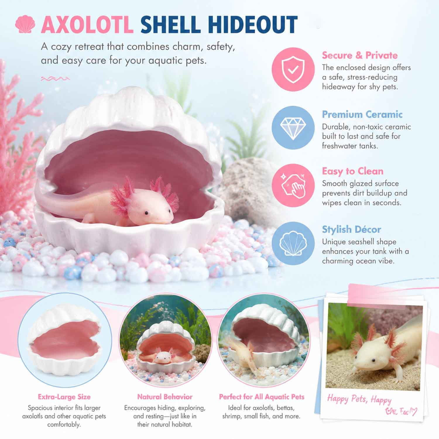Extra Large Shell Shape Double Sided Glaze Axolotl Hide Ceramic Fish Tank Cave, Fish Tank Decor Shelter for Small Pet Frog Fish Betta