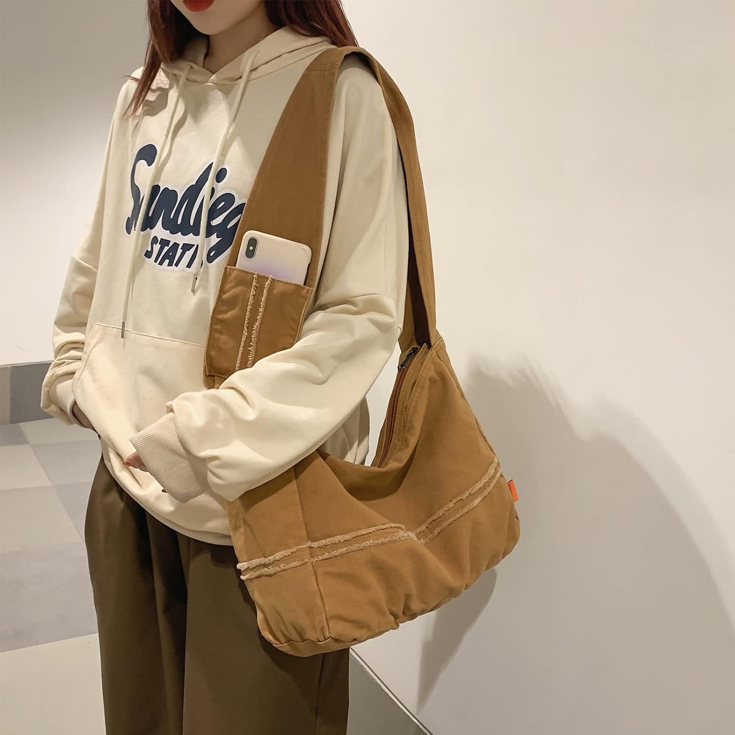 Kukuzhu Crossbody Bags for women, Large Hobo Bag Canvas Messenge Tote Handbagr for School Travel Work Shopping(Brown)