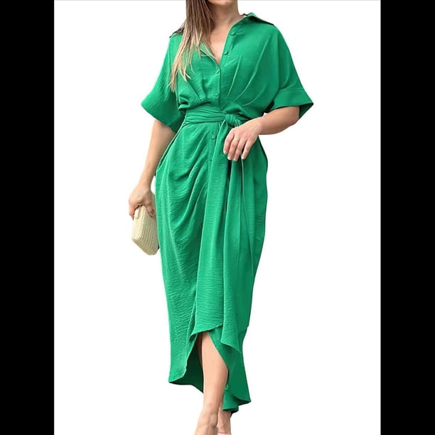 Vestido Camisero Fruncido de Verano para Mujer, Corta, Solapa, Cuello en V, Vestido Maxi de Fiesta de Cintura Alta Verde XXL