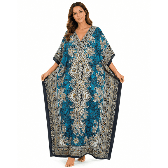 UNIQUE KAFTANS Women's Floral Kaftan Maxi Dress – Lightweight Beach Cover Up, Loose Caftan Lounge Dress, Resort Vacation Swim Cover-Up, Plus Size One Size