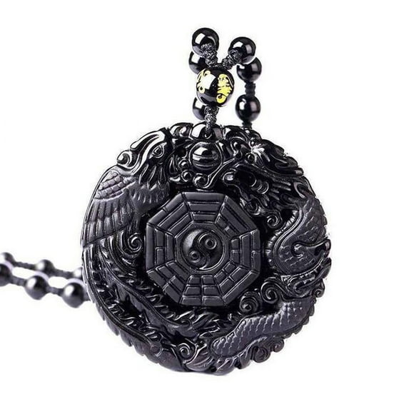 LOVEVER Black Obsidian Carving Wolf Yin Yang Dragon and Phoenix Lucky Necklace Pendant U3I3