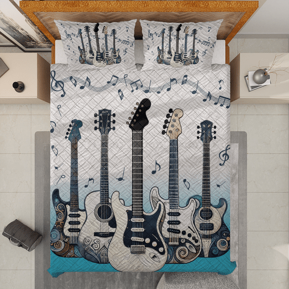 Lotusprinthandmade Elegant Guitar Quilt Bedding Set (White Binding) 5 Sizes (Made in Vietnam) (55x60), Elegant Guitar-Themed Quilt Bedding, Musical Instrument Design Bedding Set