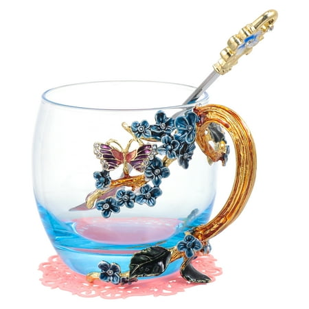 

1 Set Handmade Enamel Flower Decor Glass Coffee Mugs Tea Cup with Spoon