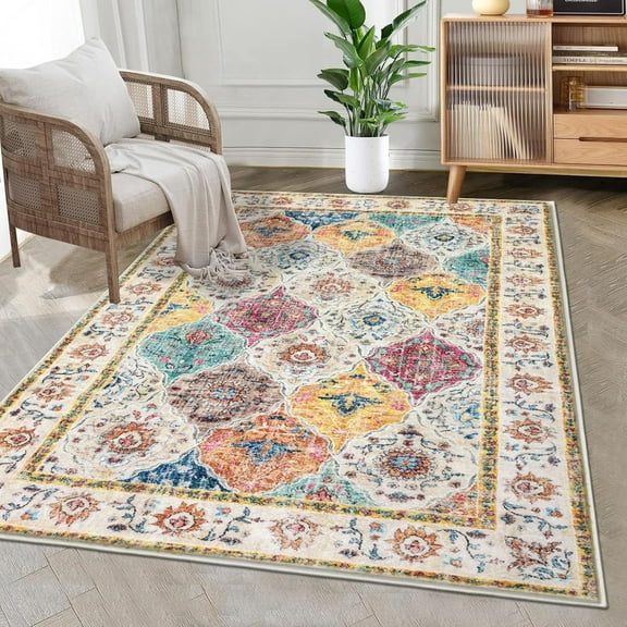 MJIAexp 3'x5' Moroccan Bedroom Rug Washable Vintage Boho Area Rug Non-Slip Accent Throw Rug Stain Resistant Floor Carpet for Kitchen Entryway Bathroom Living Room Office Boho Multi-color