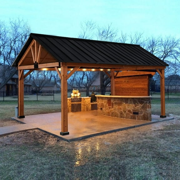 Outsunny 11x13 Hardtop Gazebo with Wooden Frame, Permanent Metal Roof Gazebo Canopy with Ceiling Hook for Garden, Patio, Backyard