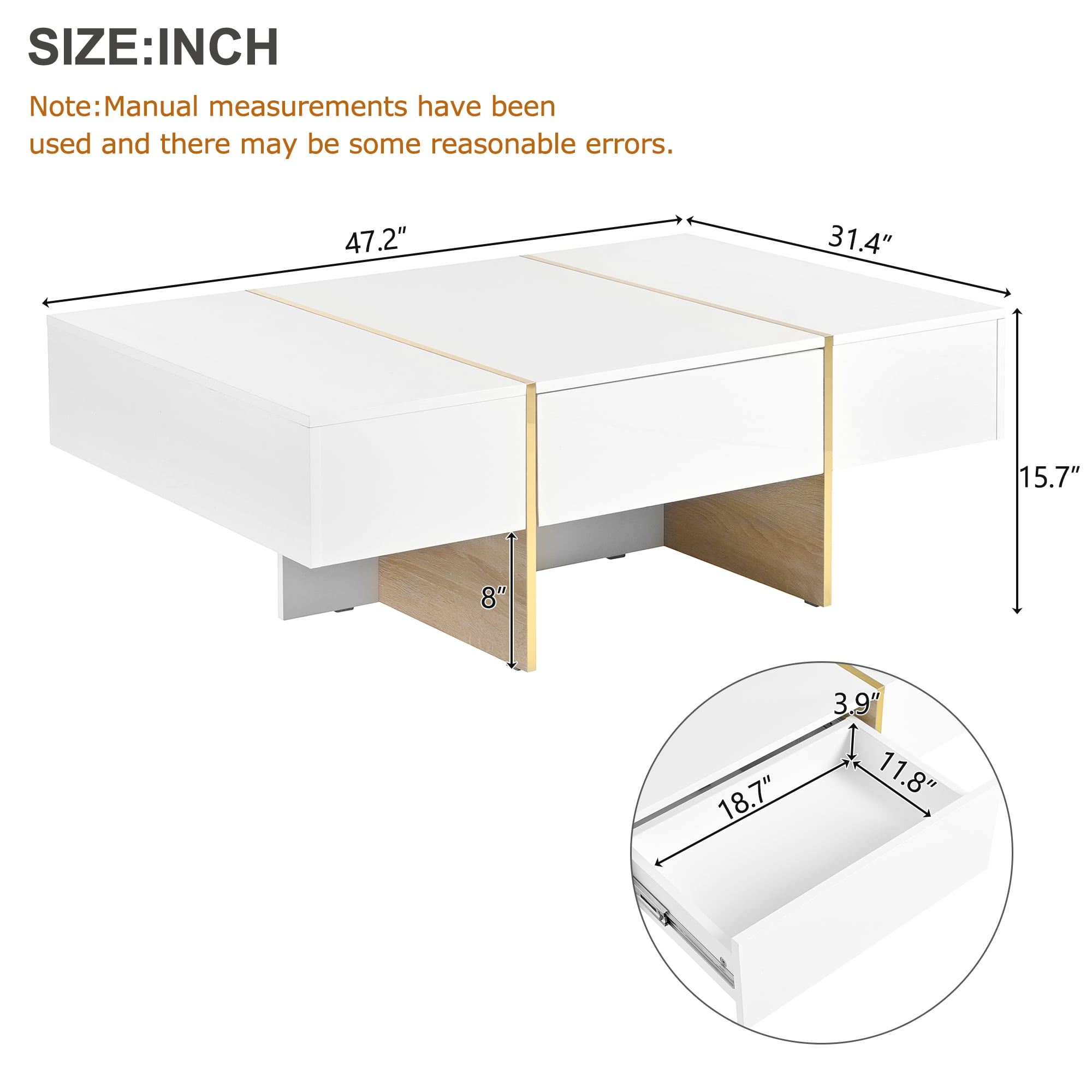 Euroco Modern Rectangle High-Gloss Coffee Table with Gold Trim and Hidden Storage Drawers, 47.2", MDF Finish