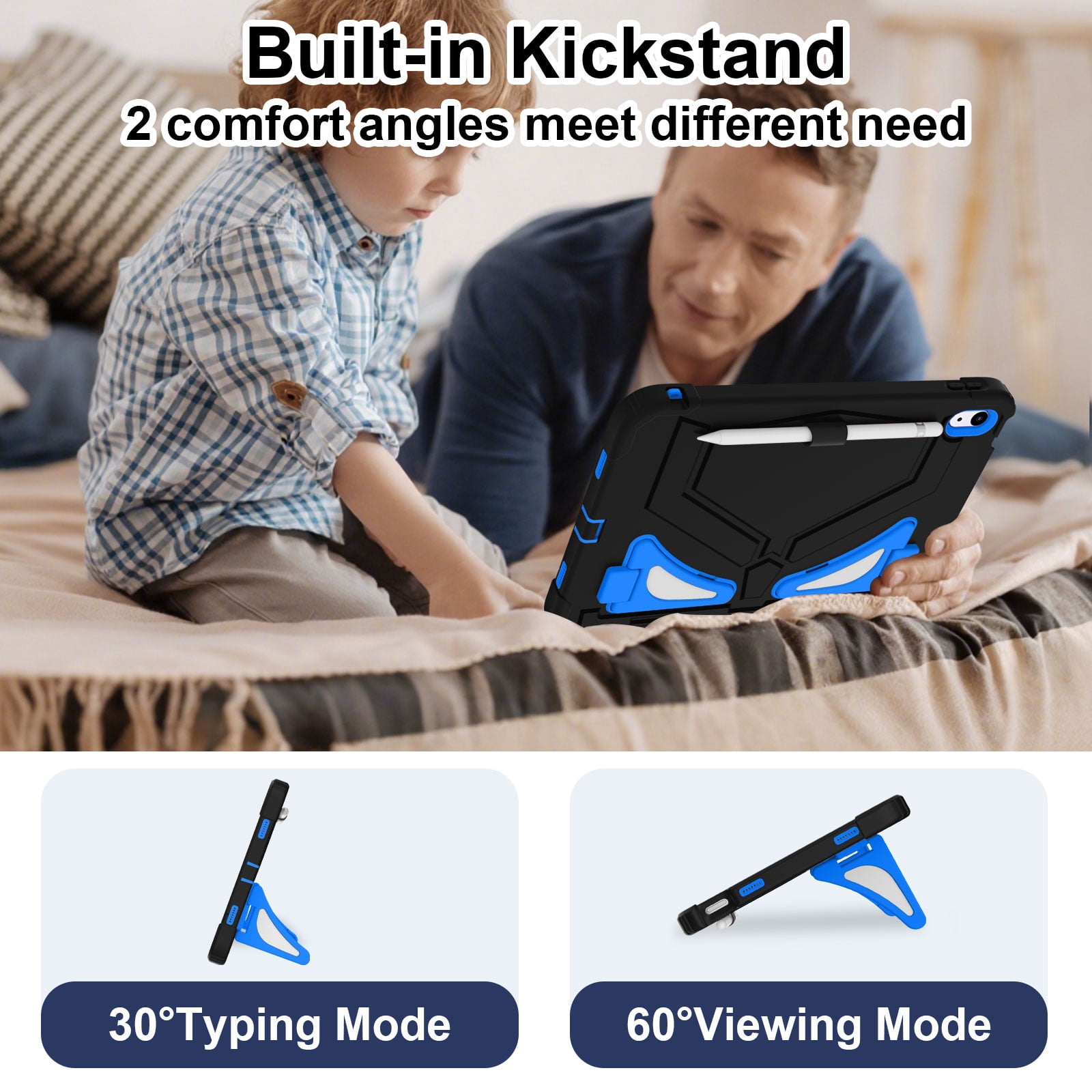 Dteck Case for 2025 Apple 11-inch iPad A16/ 10.9-inch iPad 10th Generation 2025 Cover with Pencil Holder Screen Protector Shoulder Strap Kicsktand Thickned Cornor for Kids Boys,Black Blue