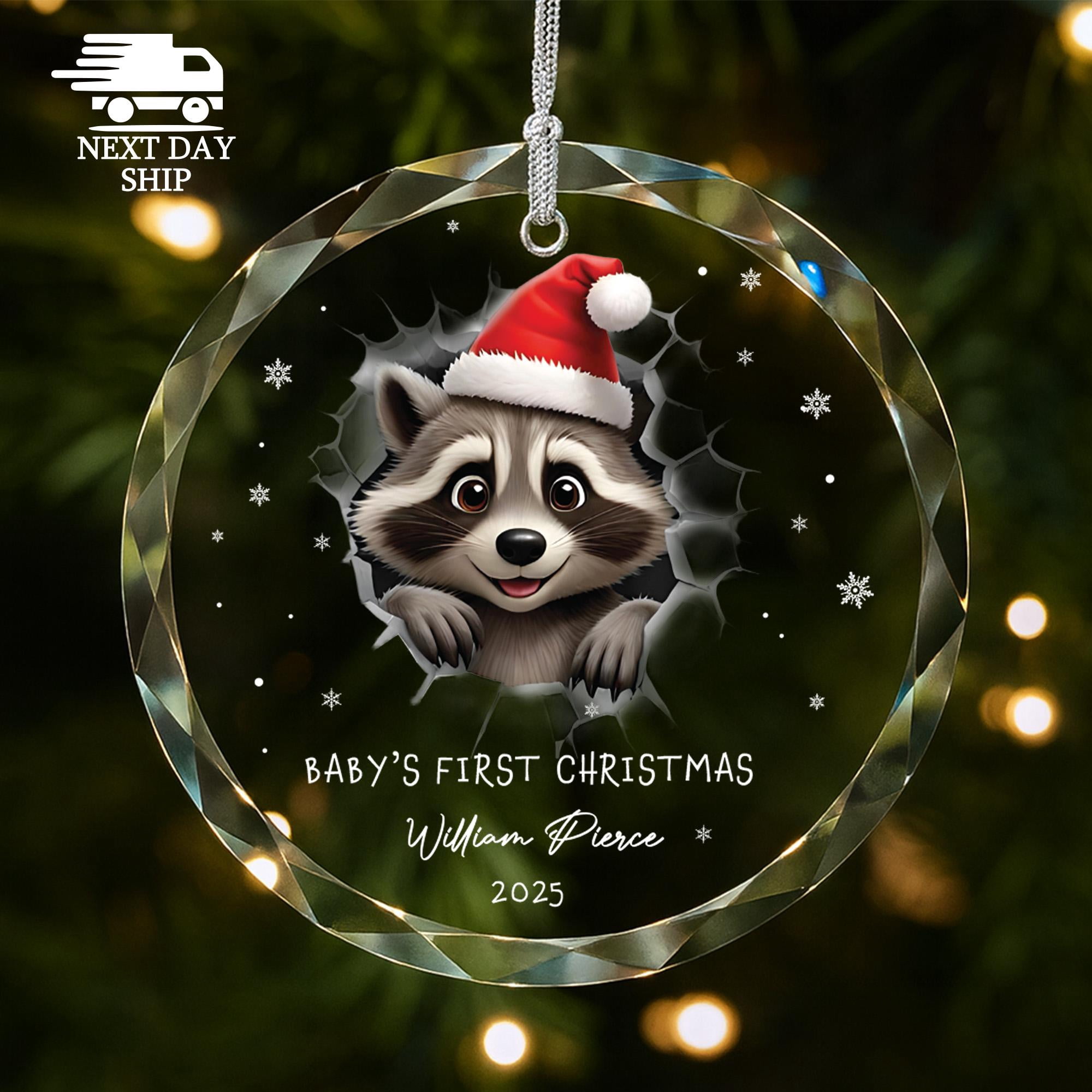 Personalized Baby First Christmas Ornament, Heart Round Glass Ornament, Little Raccoon First Christmas, Newborn Boy Girl Christmas Gift