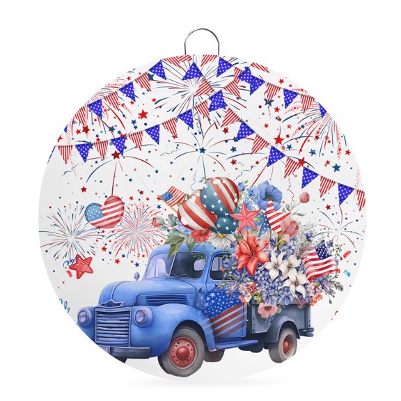 Welcome Sign for Front Door,Blue Truck 4th of July Round Metal Welcome Front Porch Decoration,Blue Red Floral Star Fireworks Wall Hanging Sign for Living Room Kitchen Hallway Housewarming Gift 6''