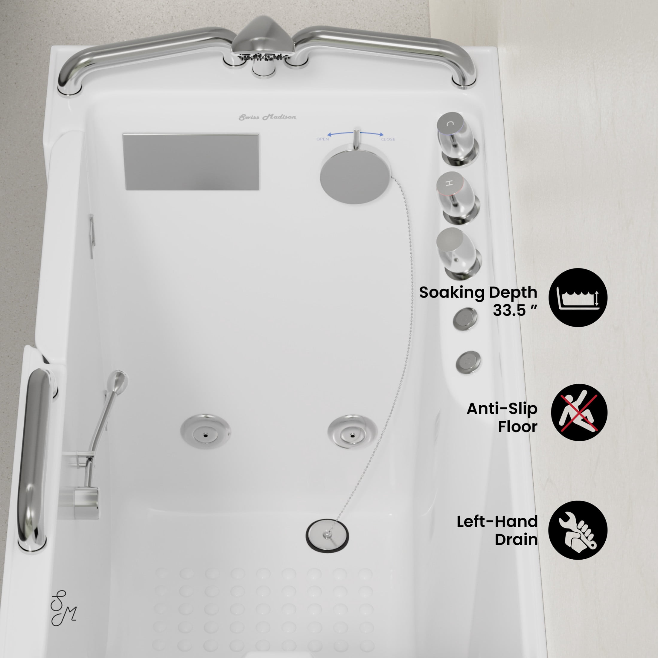 Auvergne 53" x 27" ADA Left Drain Walk-in Soaking Bathtub with Massage Jets in Glossy White, Faucet Set, Drain, Grab Bars, Pillow Included