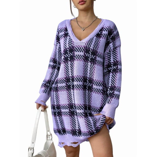 Robe Chandail Décontractée Automne Col en V Manches Longues Coupe Ample Motif Chaud Mini Robe Chandail Taille Unique