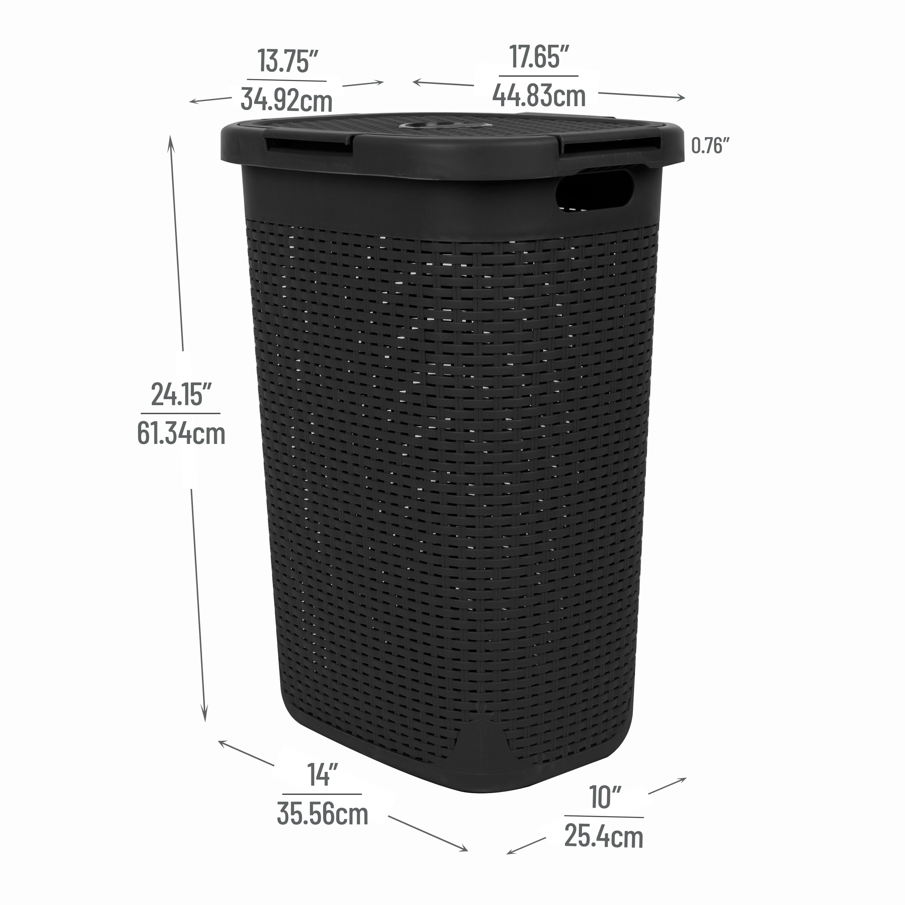 Mind Reader 60L Slim Laundry Hamper, Clothes Basket, Lid, Wicker Design, Plastic, 17.65"L x 13.75"W x 24.15"H, Set of 3, Black
