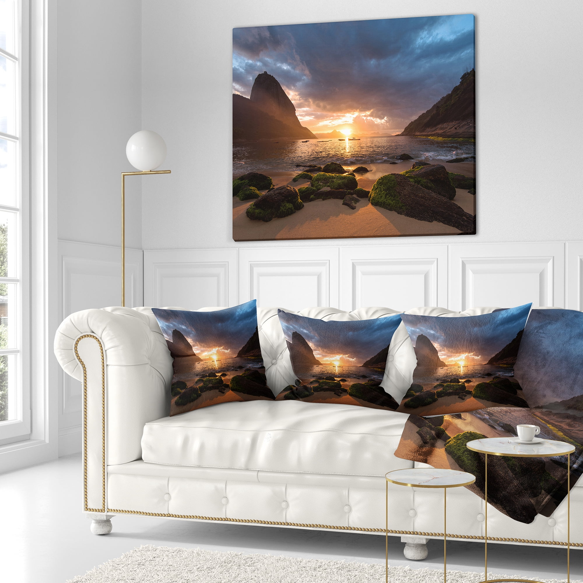Designart Beautiful Sunrise in Red Seashore - Beach Throw Pillow - 18x18