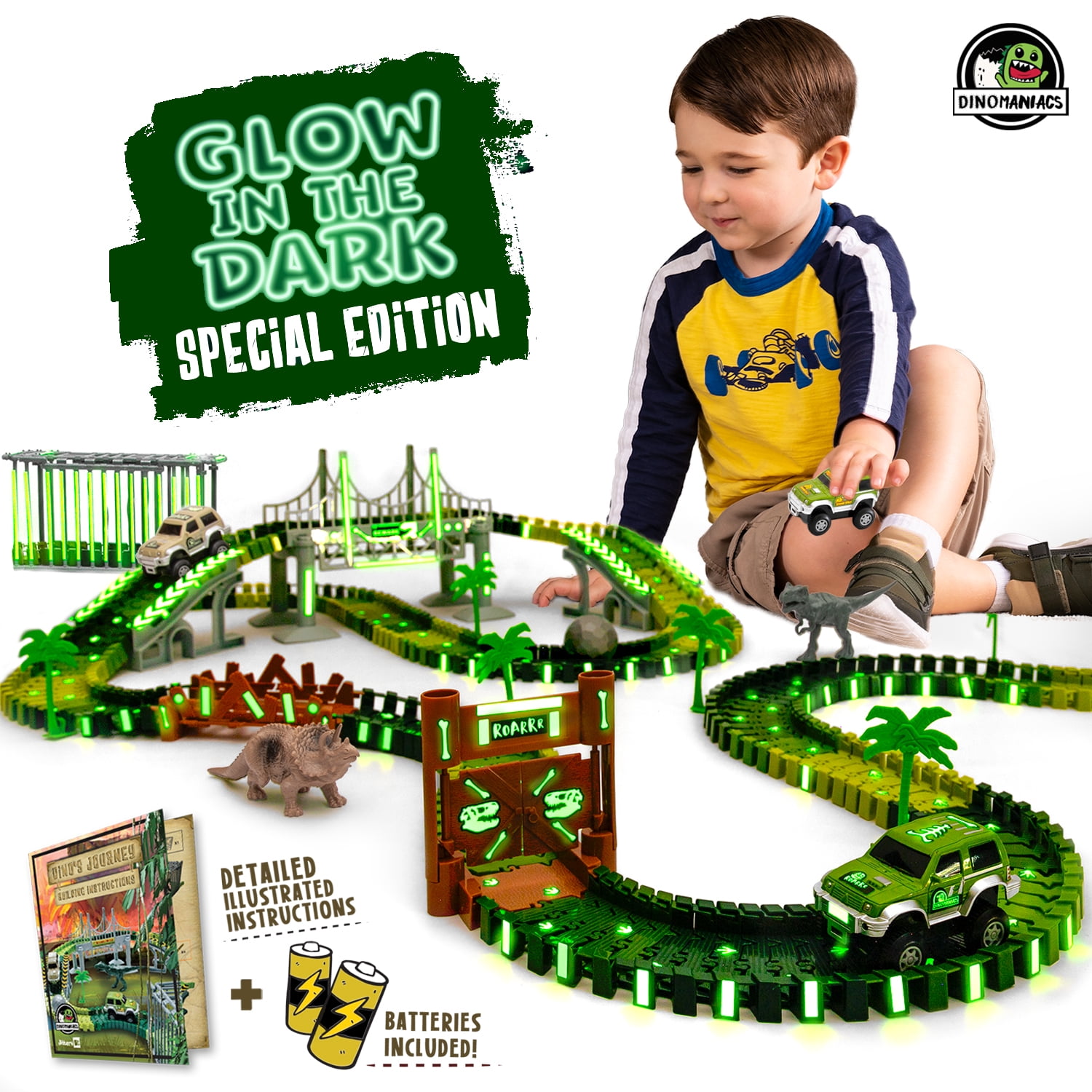 Car Race Track Train Tracks Set with 1 Car and 3 Dinosaurs Toys for Boys Toddlers Kids Game Gifts Playset Dinosaur Race Track 