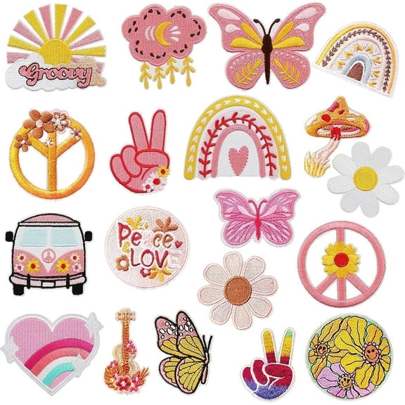 19PCS Iron on Vintage Patches Groovy Boho Peace Sign Preppy Embroidered Repair Decorative Patches