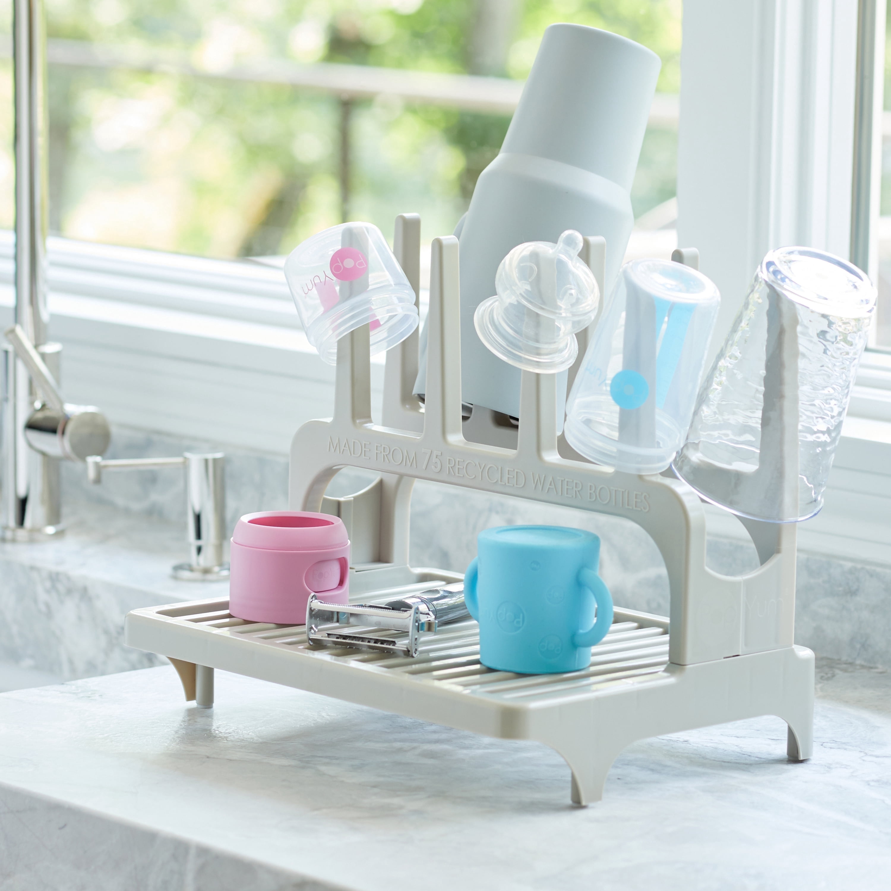 PopYum Seattle Gray Space Saving Drying Rack from 100% Recycled Bottles, countertop for baby bottles