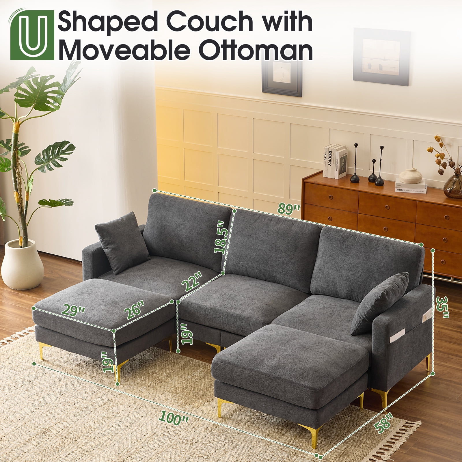 Ktaxon U-Shaped Sofa with 2 Removeable Ottoman Footrests, Flannel Deep Seating Couch for 3, Converts to Sleeper for Bedroom Living Room Furniture Dark Gray