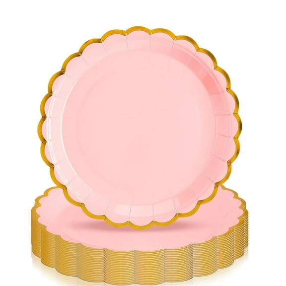 NOGIS 20 Pcs Pink Scalloped Paper Plates with Gold Foil 9 Inches Disposable Paper Party Plates Decorative Paper Plates for Cake Dessert Birthday Baby Shower Wedding Party Supplies