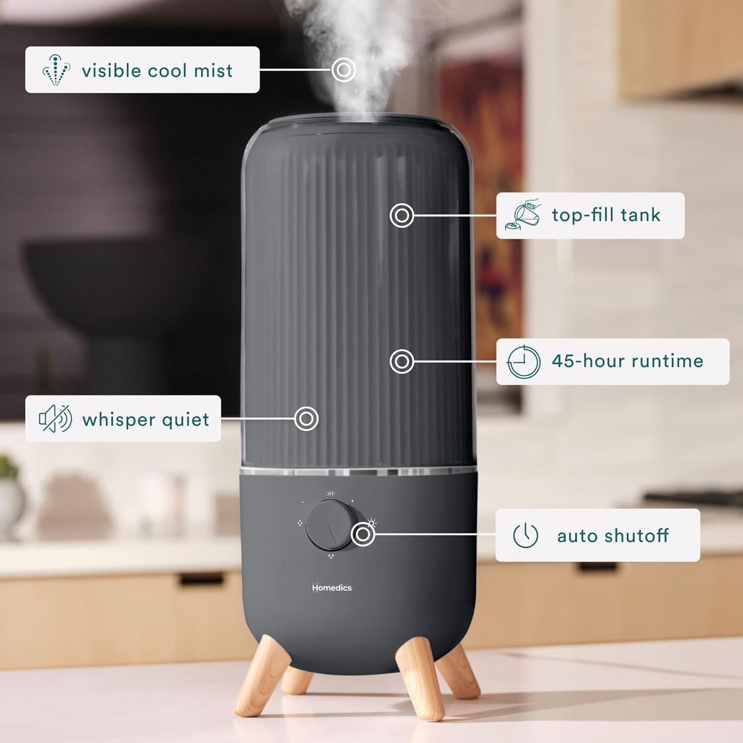 Ultrasonic Humidifier with 45-Hour Runtime and Visible Cool Mist for Bedrooms