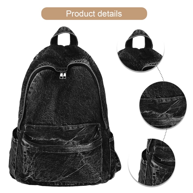 mochila para el hombro la escuela mujeres hombres mezclilla multiprocario daypack negra Bfdswq, vista frontal centrada con compartimento principal de cierre doble, bolsillo frontal con cremallera, asas superiores y tirantes, costuras visibles y textura de mezclilla; dimensiones aprox. 40x33x16 cm; adecuada para escuela, oficina y uso diario, también suele emplearse como bolsa compacta para salidas urbanas.