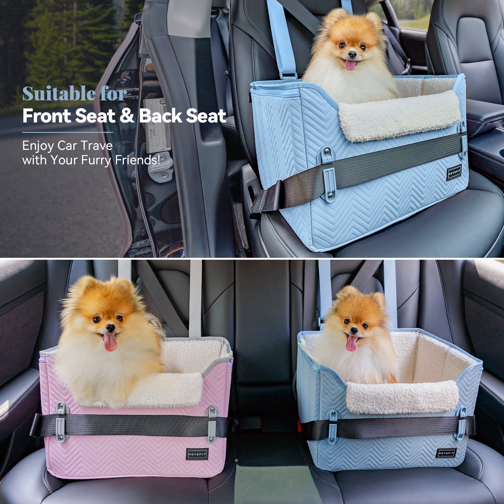 PETSFIT Dog Car Seat Medium Sized Dog, Stable Small Dog Car Seat for Car with Clip-On Leash, Fleece Liner Perfect for Small Pets Up to 25lbs (Blue)