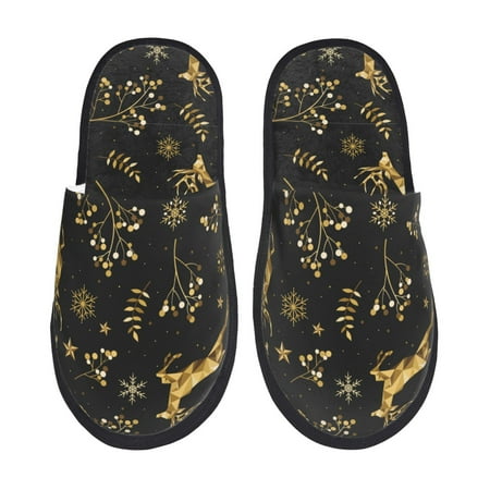 Balery Christmas Gold Deers1 Slient Indoor Furry Fleece Comfort House Shoes Soft Non-Slip Home Shoes Cotton slippers House Slippers-- Medium