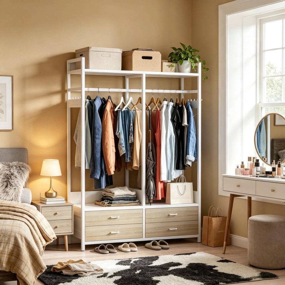 Freestanding Open Wardrobe with 47" Clothing Rod, 4 Drawers & 8 Hooks, Industrial Metal Frame Closet Organizer with Anti-Tip Straps for Bedroom