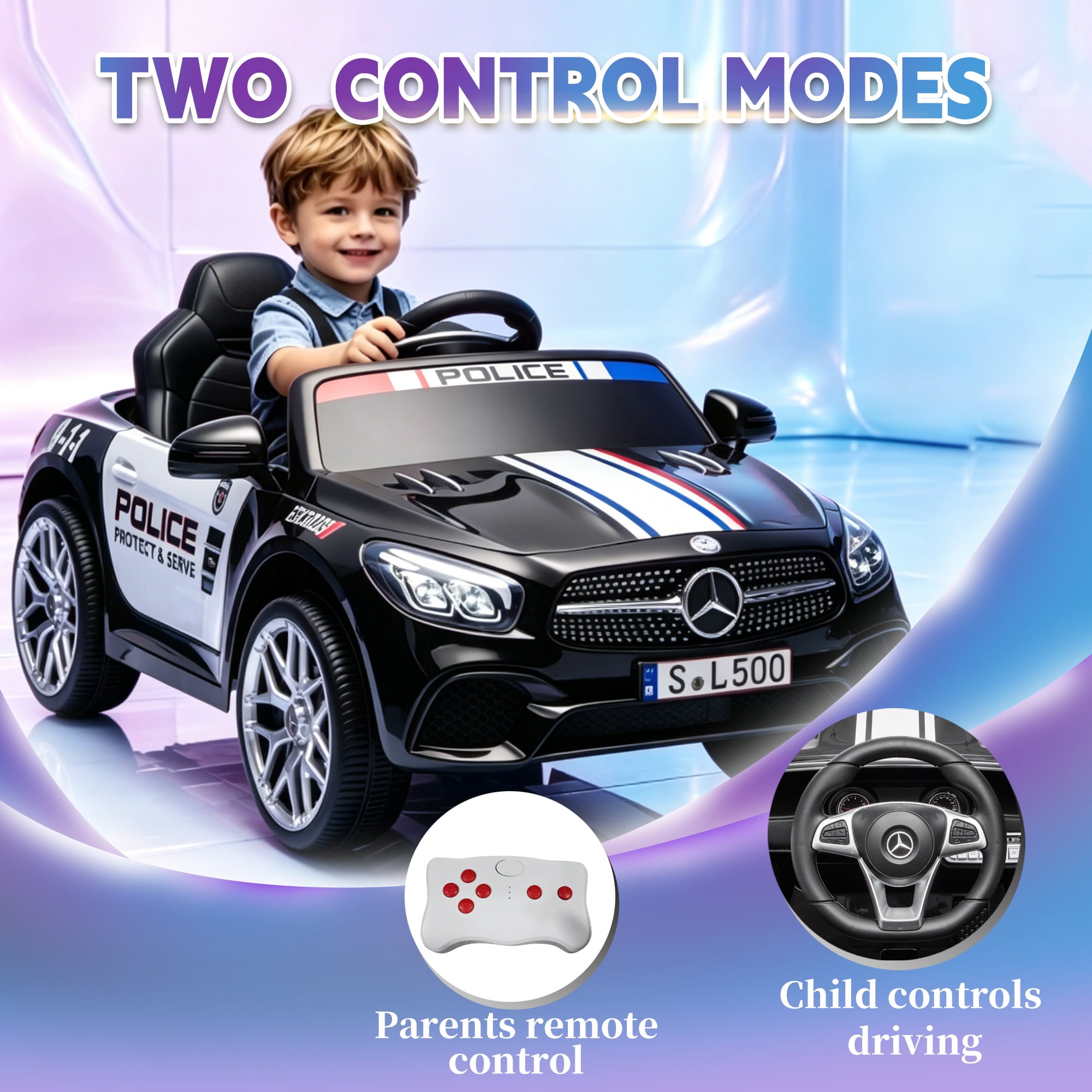Xuanlur 12V Power Ride on Toys for Toddlers, Licensed Mercedes-Benz Ride on Cars for Kids, Kid Electric Car, Aged 1-4Y, Black Police Car