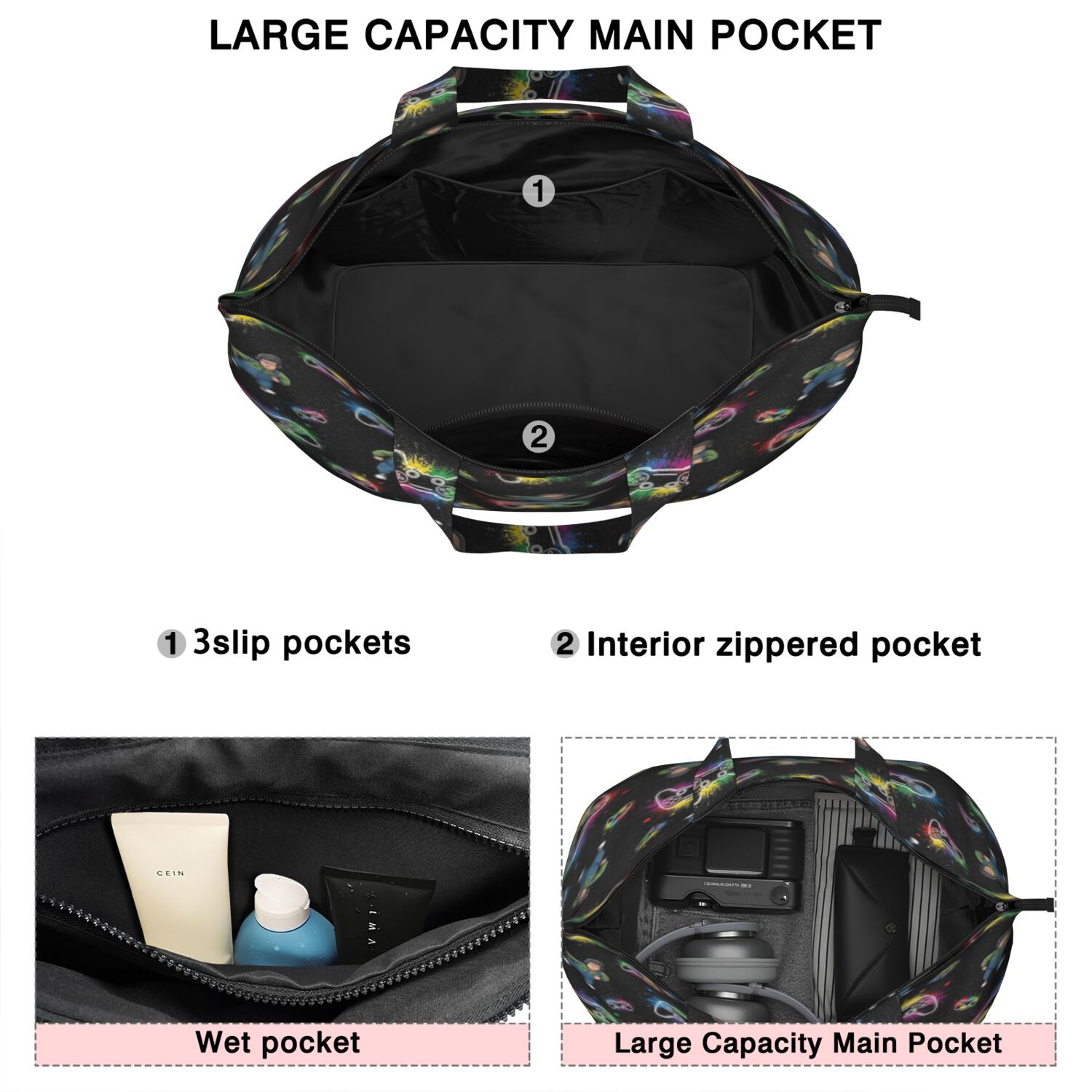 Multicolor Controllers Games Characters Black Pattern Travel Tote Bags for Women Carry On,Large Weekender Bags for Women Travel,Multi Functional Duffle Bag for Work,Shopping,Sports